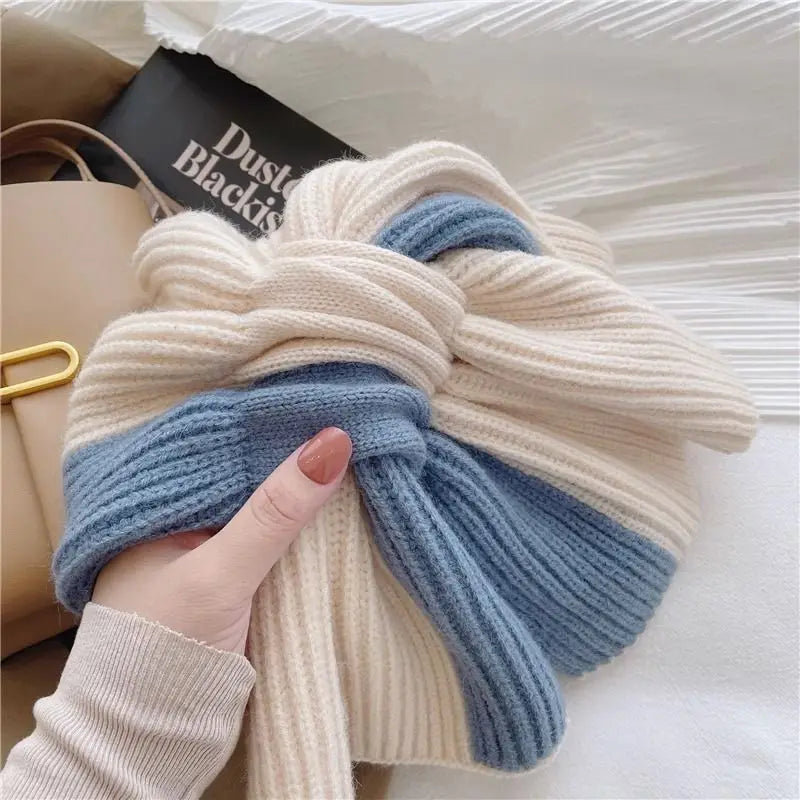 Fashion Knitted Scarf for Women Girls Autumn Winter Soft Cross Patchwork Colors Scarves Lady Warm Neck Protection