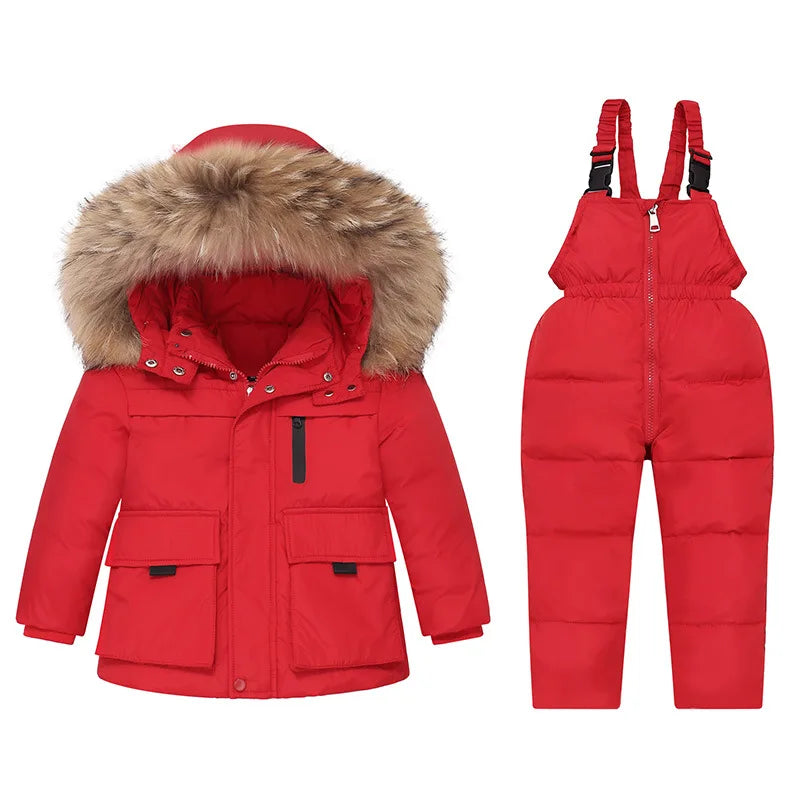 2025 Russian Winter Children Girl Clothes Set Real Raccoon Fur Down Jacket For Girl Waterproof Baby Boy Jumpsuit Kids Overalls