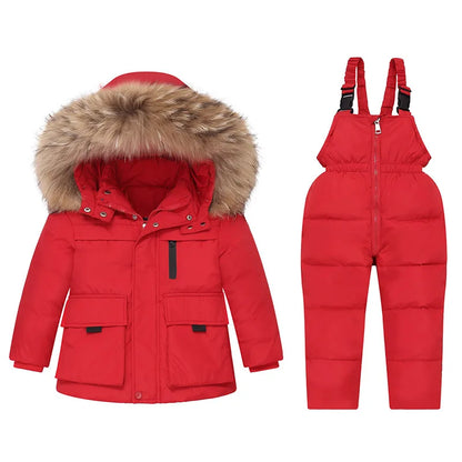 2025 Russian Winter Children Girl Clothes Set Real Raccoon Fur Down Jacket For Girl Waterproof Baby Boy Jumpsuit Kids Overalls