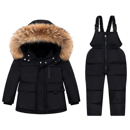 2025 Russian Winter Children Girl Clothes Set Real Raccoon Fur Down Jacket For Girl Waterproof Baby Boy Jumpsuit Kids Overalls