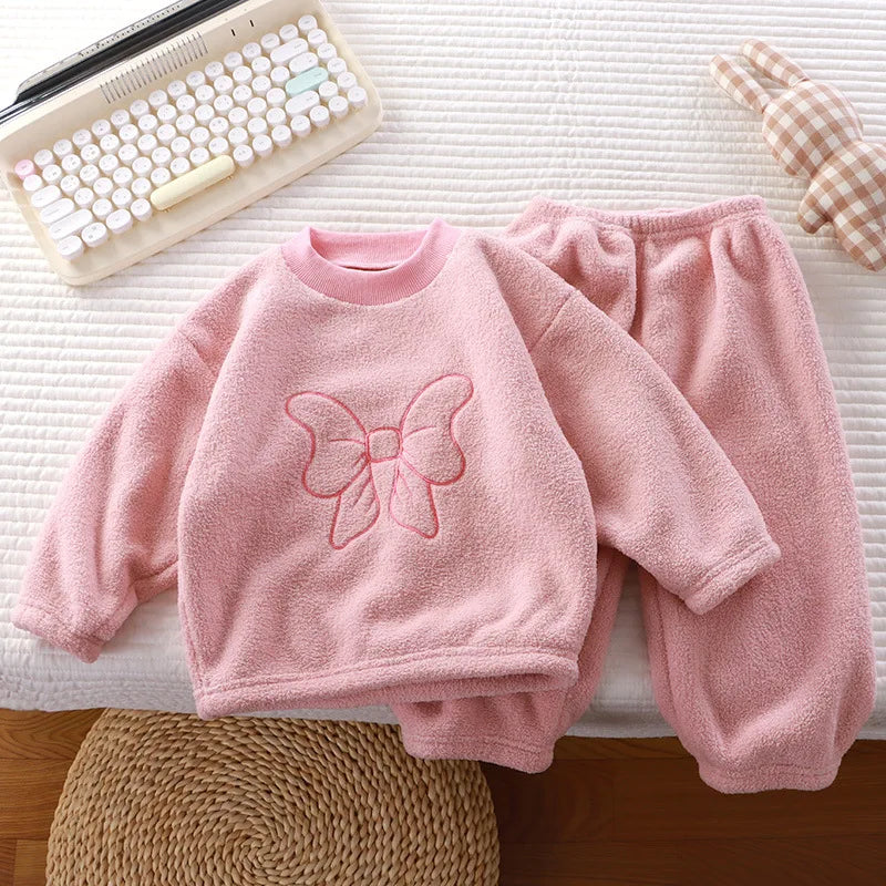 Winter Flannel Kids Sets Solid Warm Children Pajamas Sets