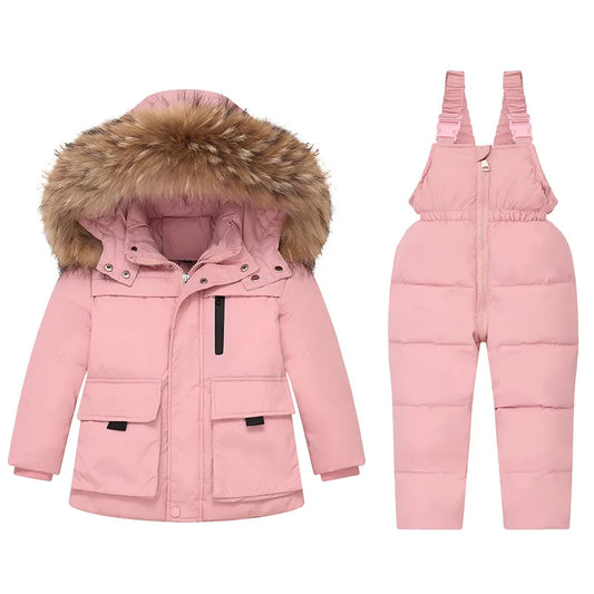 2025 Russian Winter Children Girl Clothes Set Real Raccoon Fur Down Jacket For Girl Waterproof Baby Boy Jumpsuit Kids Overalls