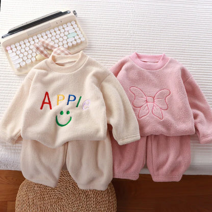Winter Flannel Kids Sets Solid Warm Children Pajamas Sets