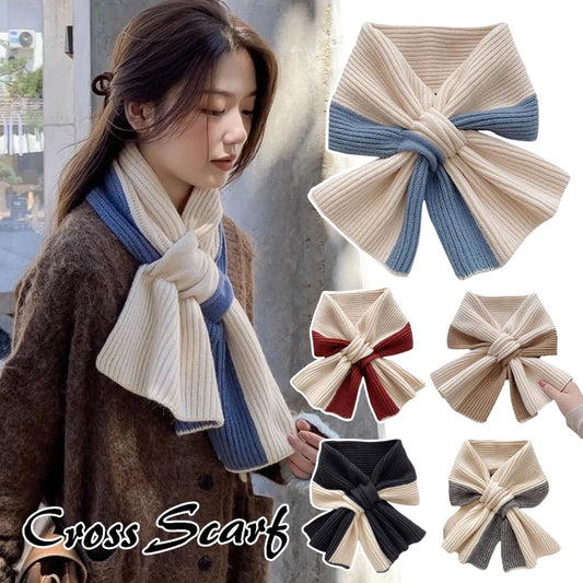 Fashion Knitted Scarf for Women Girls Autumn Winter Soft Cross Patchwork Colors Scarves Lady Warm Neck Protection