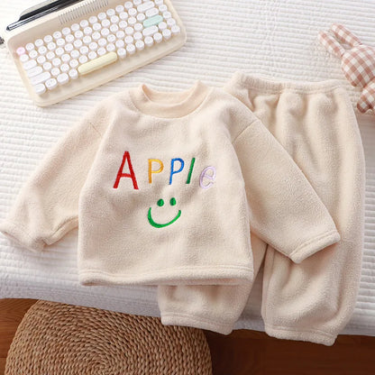 Winter Flannel Kids Sets Solid Warm Children Pajamas Sets