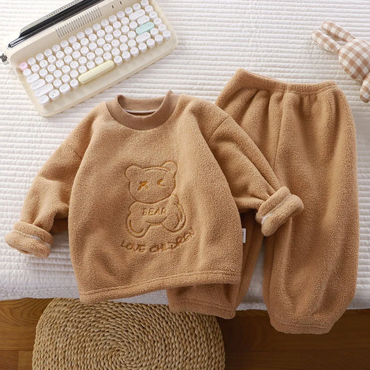 Winter Flannel Kids Sets Solid Warm Children Pajamas Sets