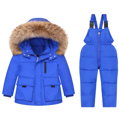 2025 Russian Winter Children Girl Clothes Set Real Raccoon Fur Down Jacket For Girl Waterproof Baby Boy Jumpsuit Kids Overalls