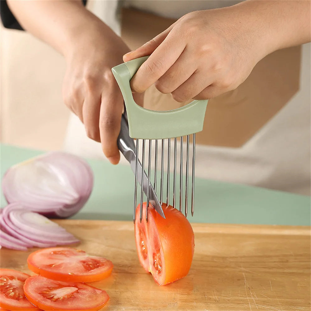 Stainless Steel Onion Cutter Holder Food Slicers Assistant Tomato Onion Slicer