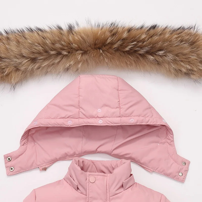 2025 Russian Winter Children Girl Clothes Set Real Raccoon Fur Down Jacket For Girl Waterproof Baby Boy Jumpsuit Kids Overalls