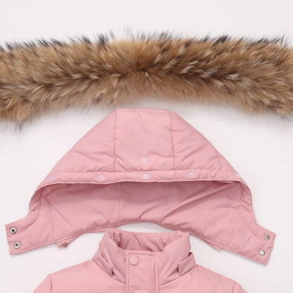 2025 Russian Winter Children Girl Clothes Set Real Raccoon Fur Down Jacket For Girl Waterproof Baby Boy Jumpsuit Kids Overalls