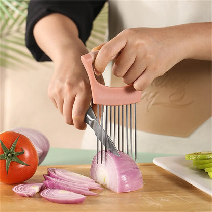 Stainless Steel Onion Cutter Holder Food Slicers Assistant Tomato Onion Slicer